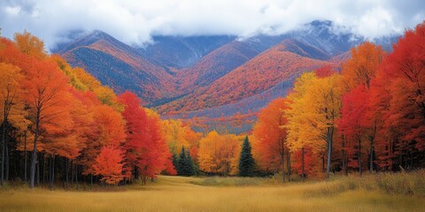 Wall Mural - Stunning Autumn Landscape with Vibrant Foliage in a Valley Surrounded by Majestic Mountains Under Cloudy Sky