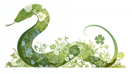 Wall Mural - A stylized green snake intertwined with floral patterns, symbolizing nature and harmony.