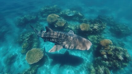 Poster - Underwater view of a majestic shark swimming gracefully around vibrant coral reefs in a crystal-clear, tropical oceanic habitat