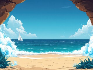 Wall Mural - Idyllic Beach View from a Secluded Cave with a Sailboat in the Distance on a Clear, Sunny Day Under Blue Skies and Puffy Clouds