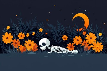 Poster - Skeleton in a Garden at Night