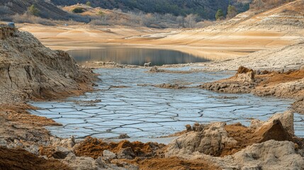 A detailed view of a nearly empty reservoir with low water levels and exposed, cracked lakebed, highlighting the impact of prolonged drought.