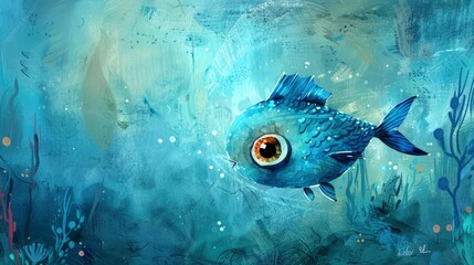 Wall Mural - Art illustration fish swimming gracefully in the deep blue ocean