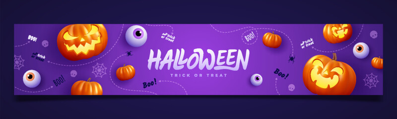 Wall Mural - Spooky Halloween with flat holiday icons on purple background. Pumpkin with a scary expression and other scary elements. Vector illustration.