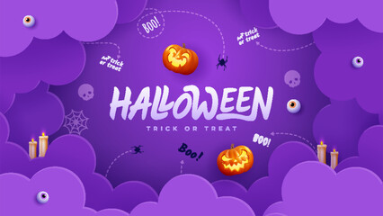 Wall Mural - Spooky Halloween with flat holiday icons on purple background. Pumpkin with a scary expression and other scary elements. Vector illustration.