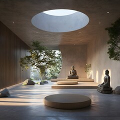 Wall Mural - 28. A 3D visualization of a Buddhist meditation hall with tranquil and simple design