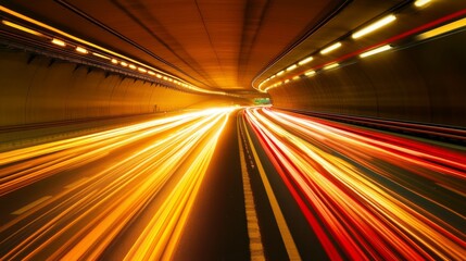 Poster - A wide-angle shot of a highway tunnel with moving traffic, emphasizing the dynamic movement of vehicles and the illuminated road surface within the tunnel.