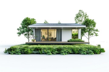 Wall Mural - A small house sits on the top of a lush green field, surrounded by nature