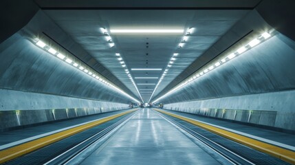 Poster - A wide-angle shot of a tunnel leading to an impressive underground facility, such as a parking garage or transit station, with clear architectural features.