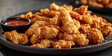 Wall Mural - Deliciously Crispy Fried Chicken Bites with Spicy Dipping Sauce on a Black Plate - Perfect Appetizer or Snack for Any Occasion