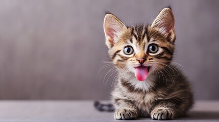 Wall Mural - Adorable kitten sitting with its tongue out on a plain backdrop