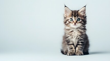 Wall Mural - Fluffy kitten sitting with its paws tucked under its body on a blank backdrop