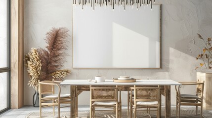 Wall Mural - A dining room with a table and chairs set in a neutral background