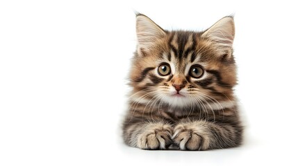 Wall Mural - Fluffy kitten lying down with its paws crossed on a blank white background