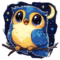 Poster - Cute Cartoon Owl with Big Eyes Under a Night Sky