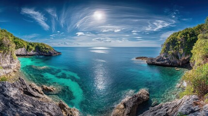 Wall Mural - A secluded bay in Phuket at midday, with the sun shining brightly from a clear blue sky