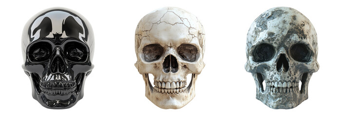 Set of three skulls in different styles isolated on transparent background