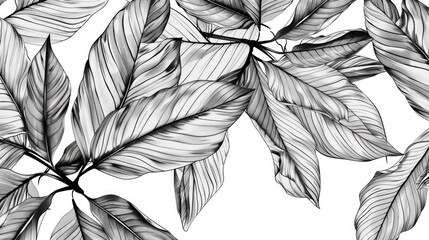 Wall Mural - A detailed illustration of various types of leaves in shades of gray and white, ideal for use as a design element or decorative piece