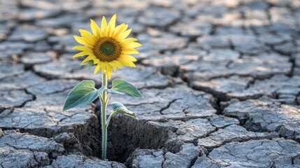 Wall Mural - A single sunflower plant growing resiliently out of a crack in dry, parched soil, symbolizing determination and the fight for life against a backdrop of desolation.