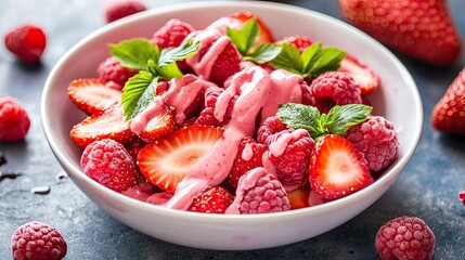 Poster - A white bowl filled with fresh strawberries and raspberries, drizzled in pink sauce, photographed in close-up to emphasize the vibrant colors and textures.