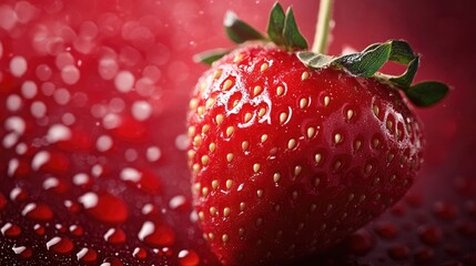 Canvas Print - Close-up of a fresh, juicy strawberry on a rich red background, the contrasting tones enhancing the fruit's natural texture and color.