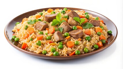 Wall Mural - Plate of pilaf with meat, rice, carrots, and peas isolated on background