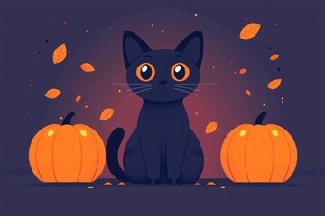 Poster - Cute Black Cat with Pumpkins for Halloween