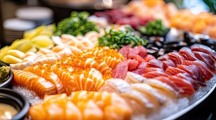 Canvas Print - Various kinds of sashimi neatly arranged on a platter, highlighting the freshness and variety of Japanese cuisine, perfect for a gourmet food display