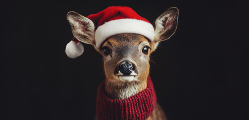 a young deer wearing a santa hat and sweater, posing against a dark background during the winter hol