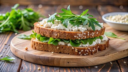 Wall Mural - Healthy sandwich with cottage cheese, arugula, and sesame seeds on whole grain bread