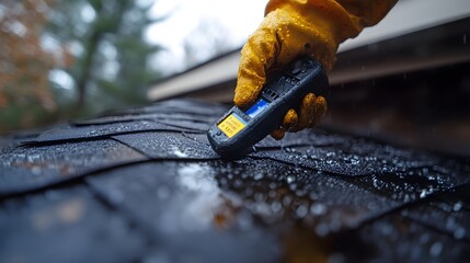 A close-up of a moisture meter being used on a shingle roof, detecting underlying water infiltration due to hidden hail damage