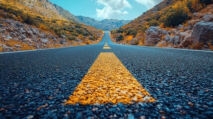 Canvas Print - Scenic Mountain Road with Yellow Divider Line Leading into the Distance Under a Blue Sky with Clouds