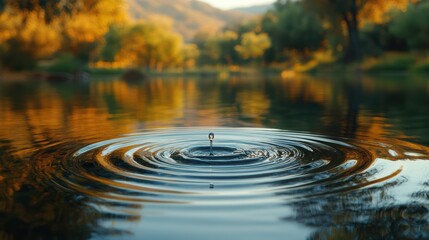 Wall Mural - Serene Water Ripple in Tranquil Lake at Sunset with Golden Autumn Trees and Mountain Reflections in the Background