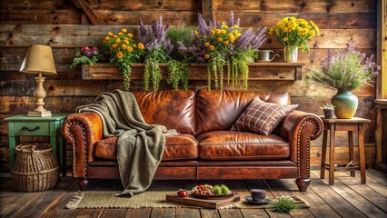 Wall Mural - Cozy rustic living room features vintage leather sofa, distressed wood furniture, wildflower-filled vase, spring-inspired decor, plush blankets, and sentimental trinkets.