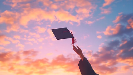 Wall Mural - Students throw their graduation caps into the clear sky during a graduation ceremony at the University.