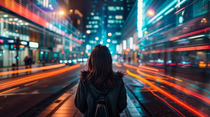 A woman walks alone in a vibrant, neon-lit city at night, with colorful streaks of light creating a sense of motion and energy..