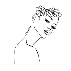 Wall Mural - Abstract Linear Vector Drawing of Female Portrait with Flowers on Head. Outline Trendy Drawing of Female Beauty Face. Fashion Illustration