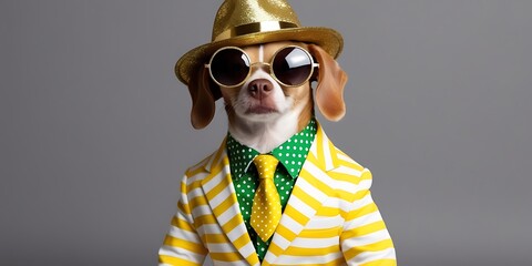 Dog in suit. Pet is dressed up in humorous, stylish suit complete with a tie for intellectual look. Trendy dog clothing for Funny humor. Dog with glasses and colorful costume 