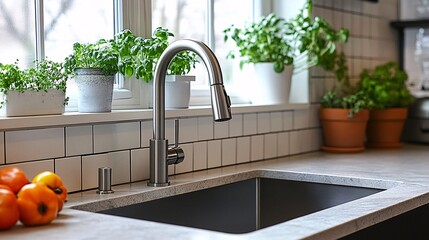 Poster - Modern Kitchen Sink with Fresh Herbs and Natural Light