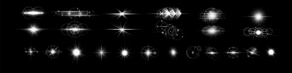 Poster - Light effect set. Glow isolated white transparent light effect set, lens flare, explosion, glitter, dust, line, sun flash, spark and stars, spotlight, curve twirl. Sunlight, abstract special effect.