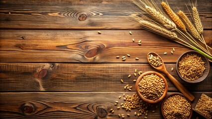 Wall Mural - Warm and rustic wooden table background with natural grain elements and scattered cereal, providing ample space for text or inscriptions, perfect for food or rustic themes.