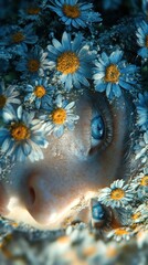 Wall Mural - A woman's face is covered in flowers, giving her a unique and artistic appearance. The blue eyes and the yellow flowers create a sense of harmony and beauty. The image conveys a feeling of creativity