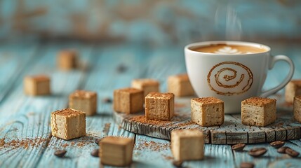 Wooden blocks with a target symbol, and a cup of espresso with latte art, on a blue background 