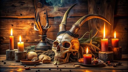 Magical composition featuring a horned skull, candle, and other ritual accessories