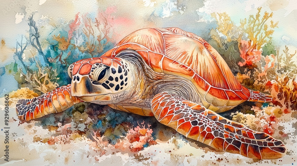 Watercolor sea turtle resting on the ocean floor, with detailed shell ...