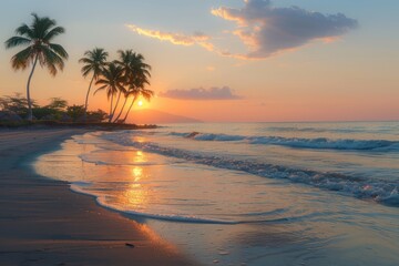 Wall Mural - Tropical Serenity: Palm Trees and Waves at Sunset on a Beautiful Beach