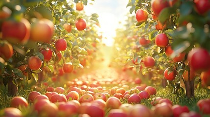 Wall Mural - A Sunlit Apple Orchard with Ripe Red Apples Falling to the Ground