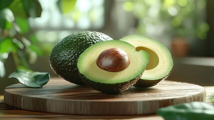 Wall Mural - A Whole Avocado and a Sliced Half on a Wooden Cutting Board