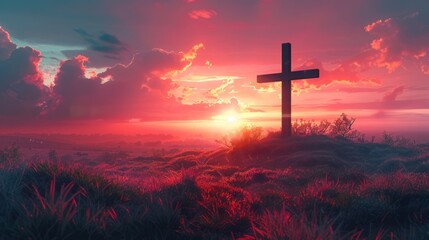 Wall Mural - Sunset Cross: Illustrating the Easter Concept of Jesus Christ