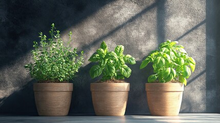 Wall Mural - Three Potted Plants Against a Textured Wall